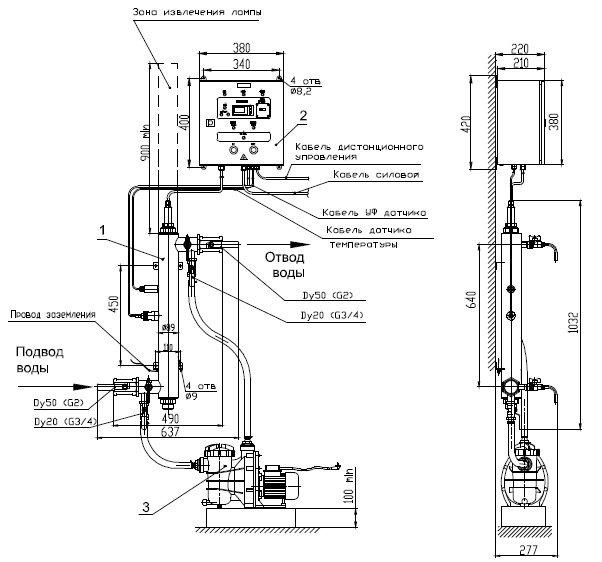 УДВ-1A145-50. Пример монтажа установки в вертикальном положении