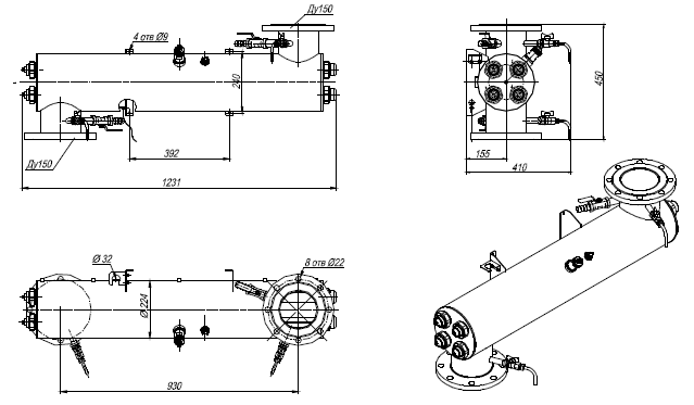 УДВ-4A300Н-150. Габаритный чертеж камеры обеззараживания