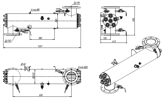 УДВ-6A300Н-150. Габаритный чертеж камеры обеззараживания